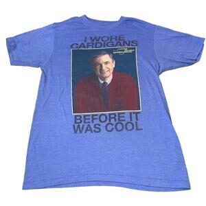 Mr. Rogers T-shirt graphic blue SZ M soft "I wore cardigans before it was cool"